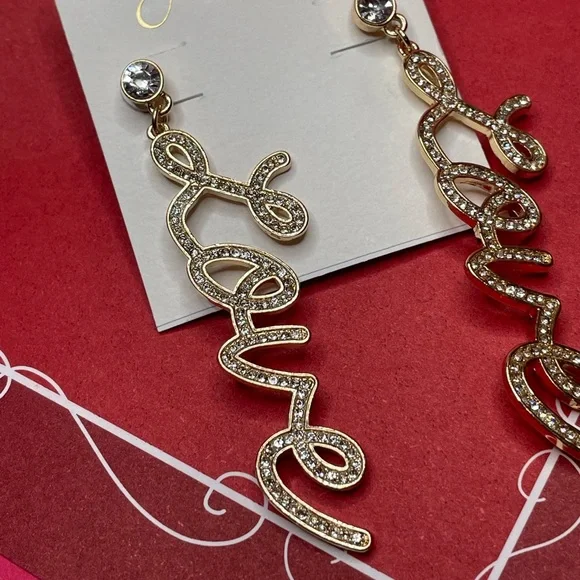 NWT Jessica Simpson LOVE Earrings, Goldtone Crystal Sparkly Valentine’s Day - Picture 4 of 5
